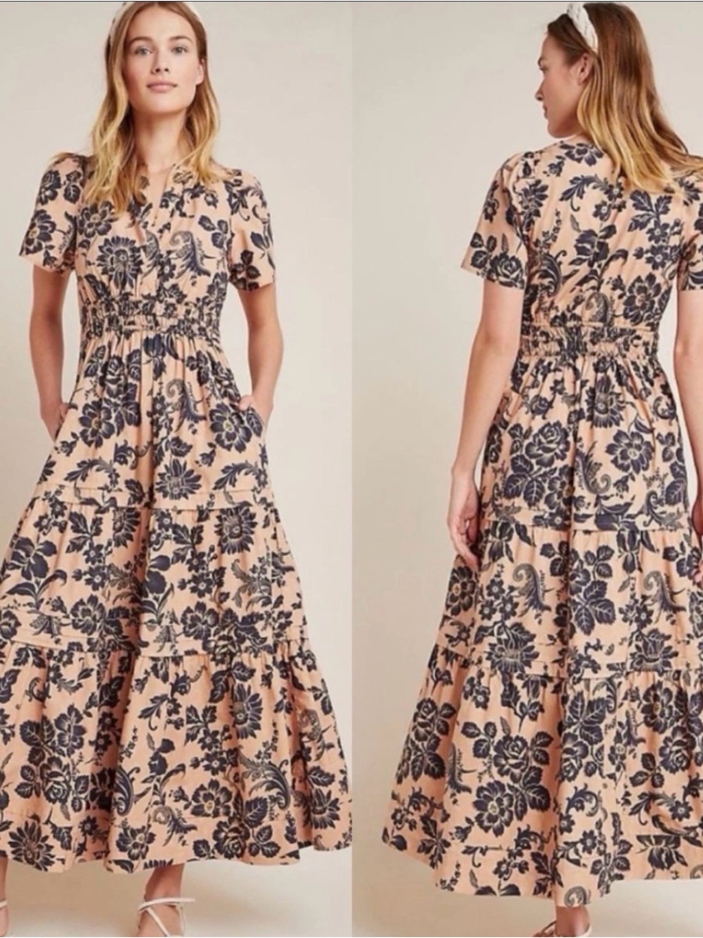 Anthropologie Somerset Maxi Dress S Floral Cotton Tiered Smocked Waist